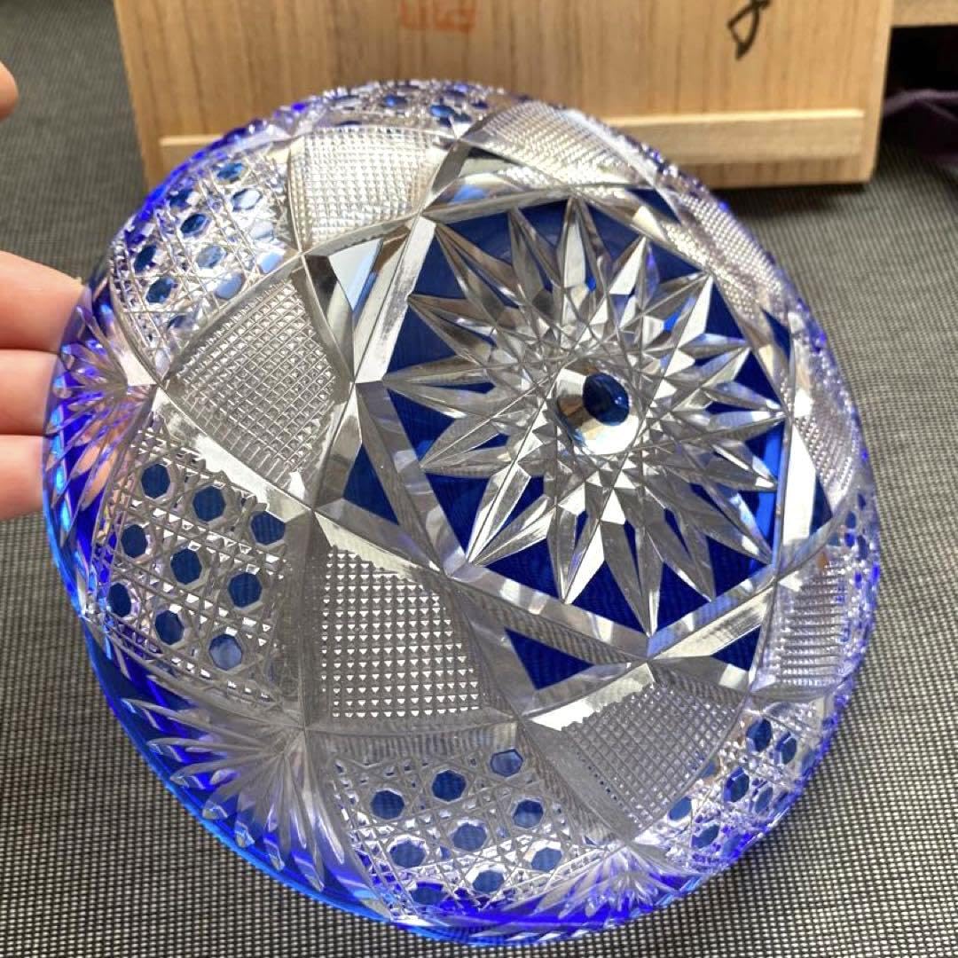 カメイガラス 薩摩切子 藍被せ硝子 菱宝切子 皿